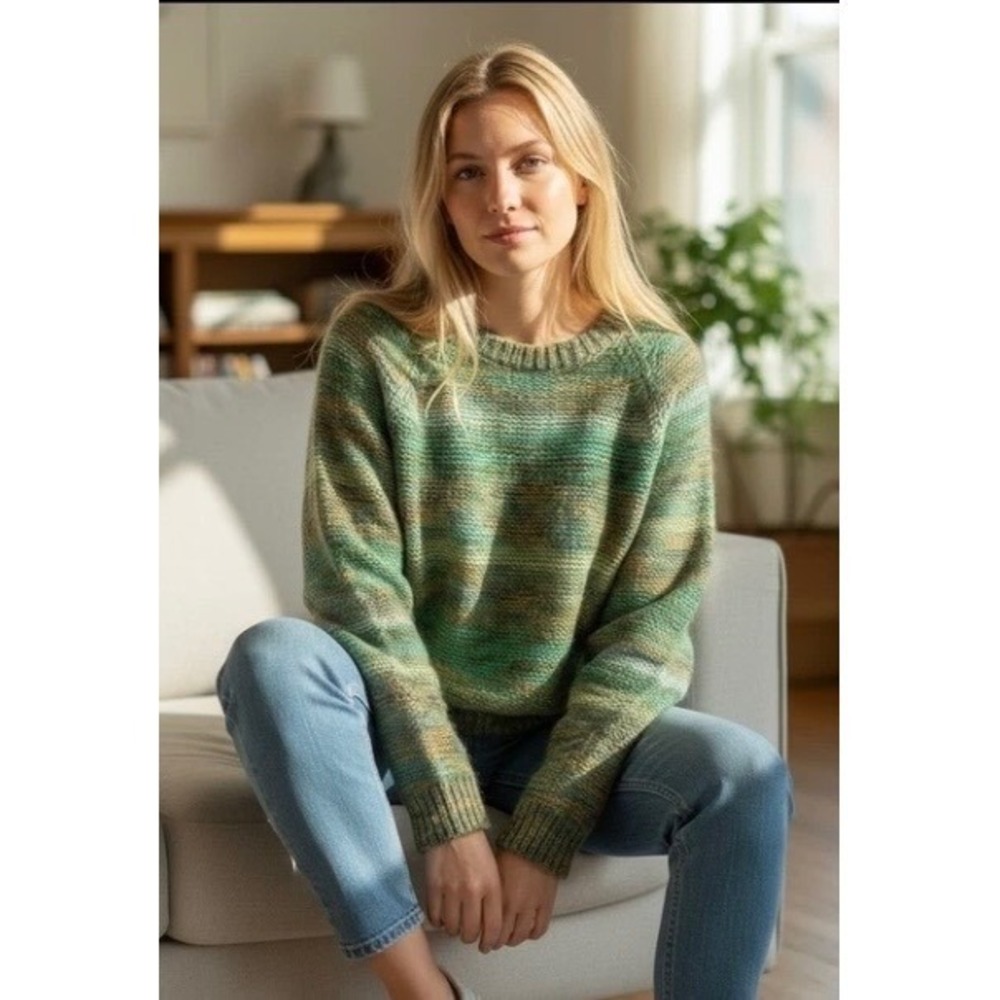 Mossimo Women Sweater Green Multi Color Striped Crew Neck Long Sleeve Size M